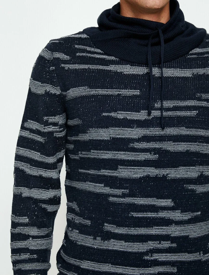 17364 Navy Patterned Hooded Jumper
