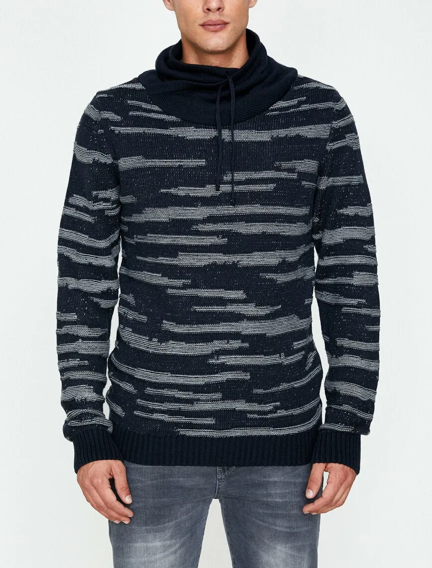 17364 Navy Patterned Hooded Jumper