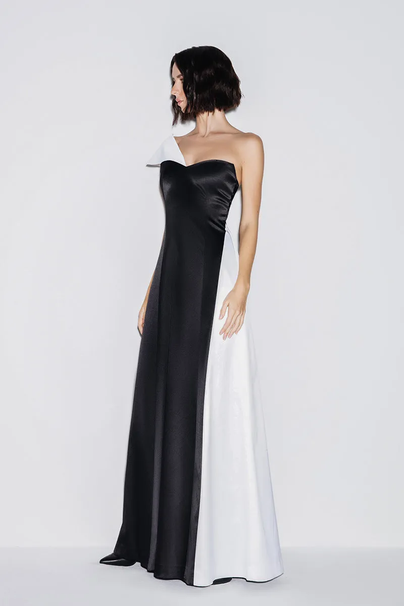 ASYMMETRIC GOWN IN MONOCHROME