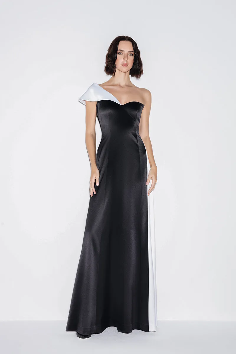 ASYMMETRIC GOWN IN MONOCHROME