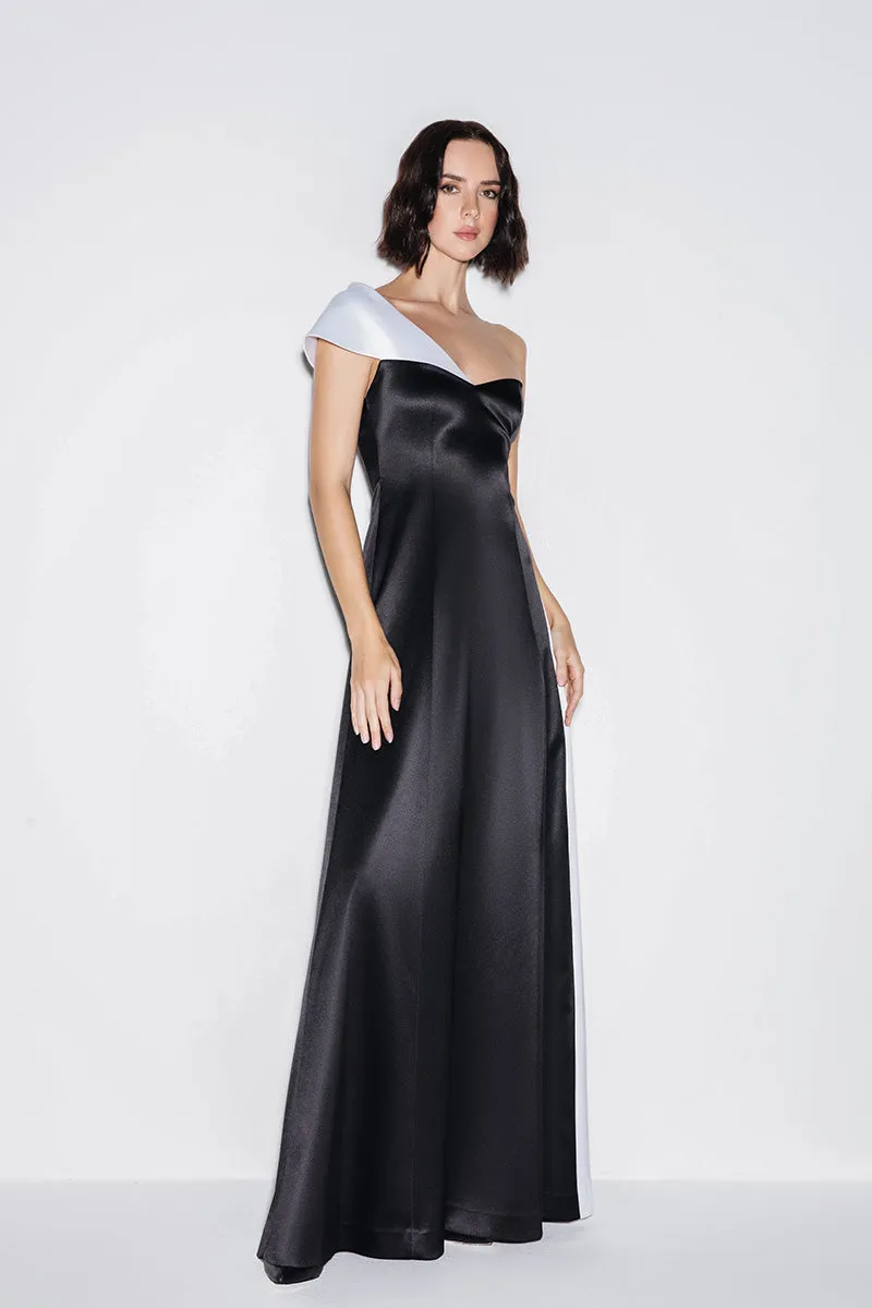 ASYMMETRIC GOWN IN MONOCHROME