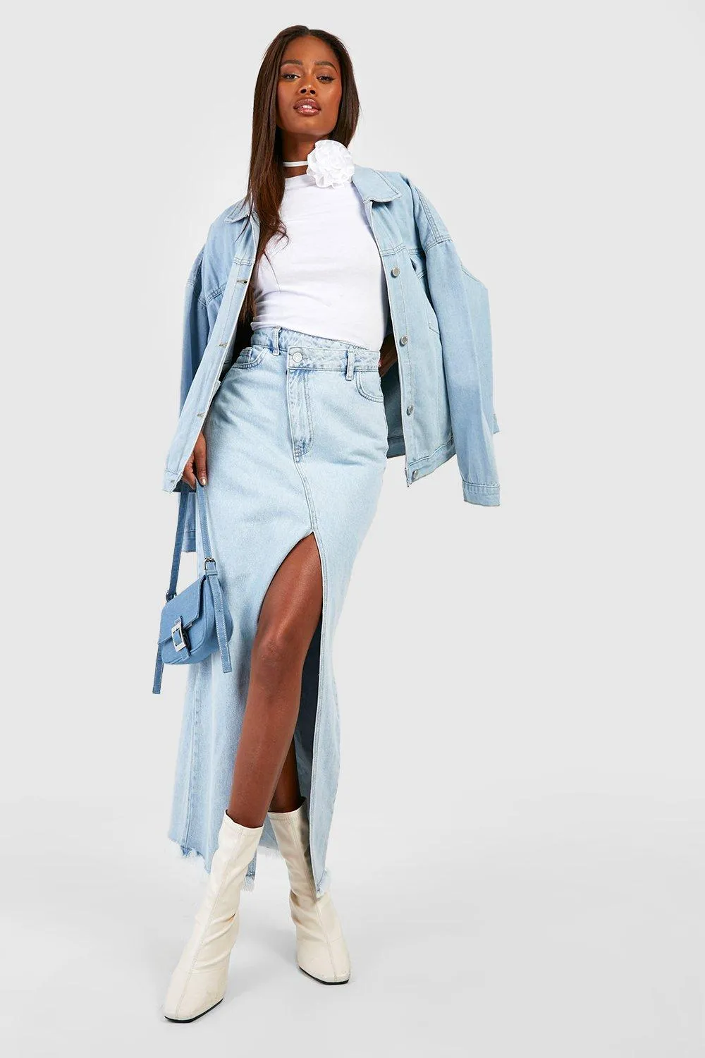 Boohoo Asymmetrical Denim Skirt with Front Camera Slits, Blue