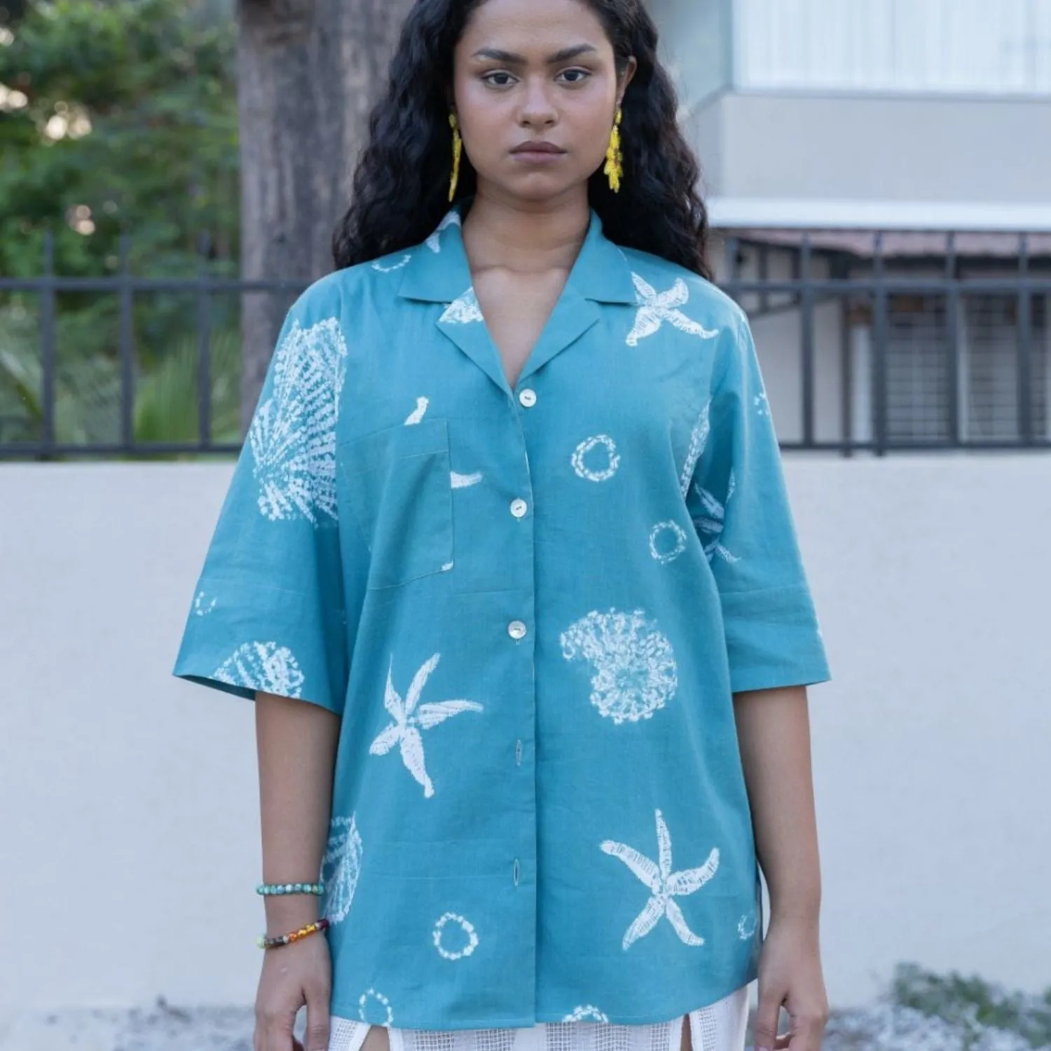 Camp Collar Shirt for Women | Shibori-Crafted | Cotton | Tropical Teal