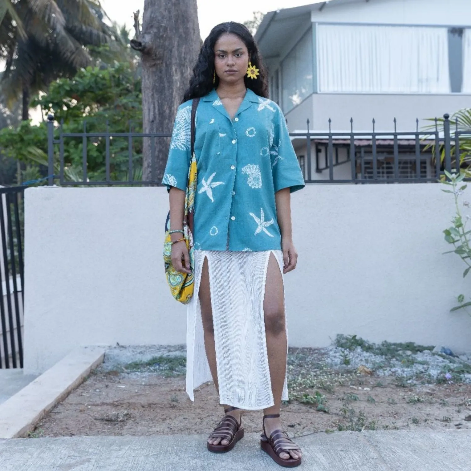Camp Collar Shirt for Women | Shibori-Crafted | Cotton | Tropical Teal