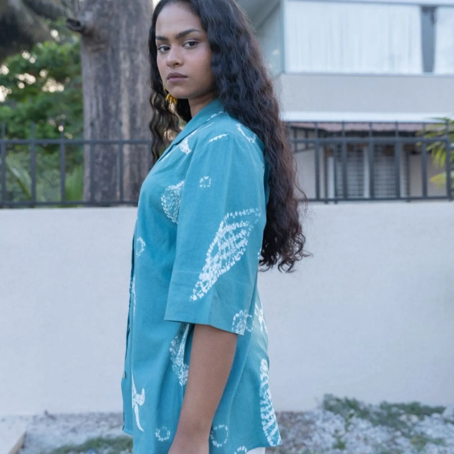 Camp Collar Shirt for Women | Shibori-Crafted | Cotton | Tropical Teal
