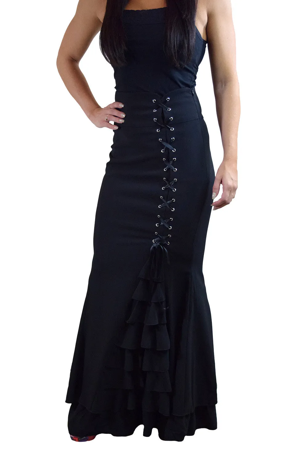 Gothic Victorian Steampunk Mermaid Fishtail Black Ruffle Asymmetrical Skirt
