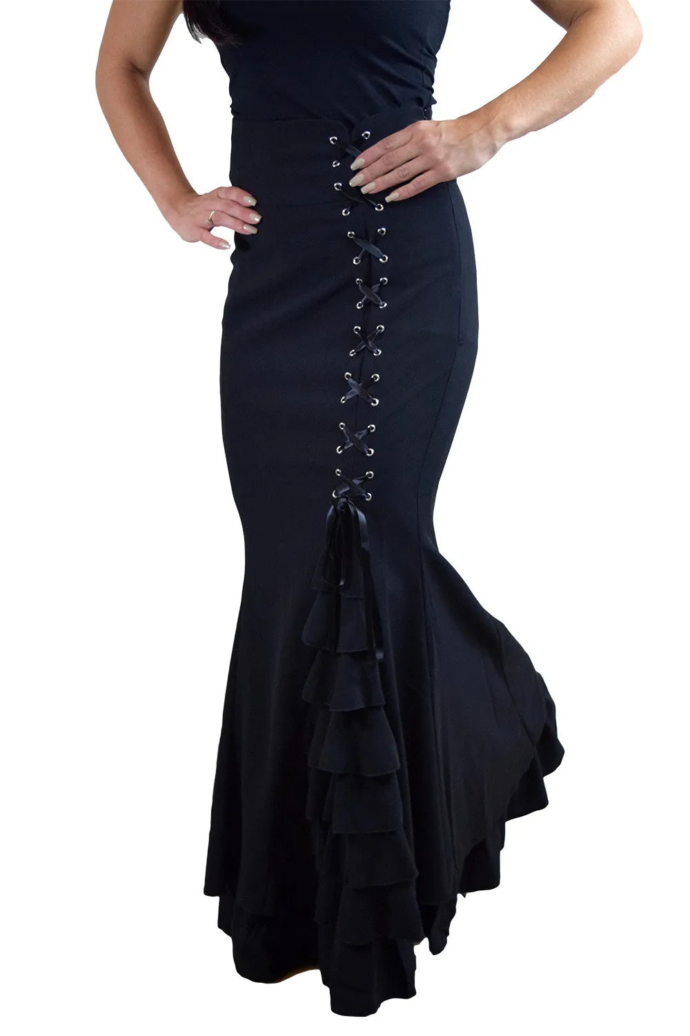 Gothic Victorian Steampunk Mermaid Fishtail Black Ruffle Asymmetrical Skirt
