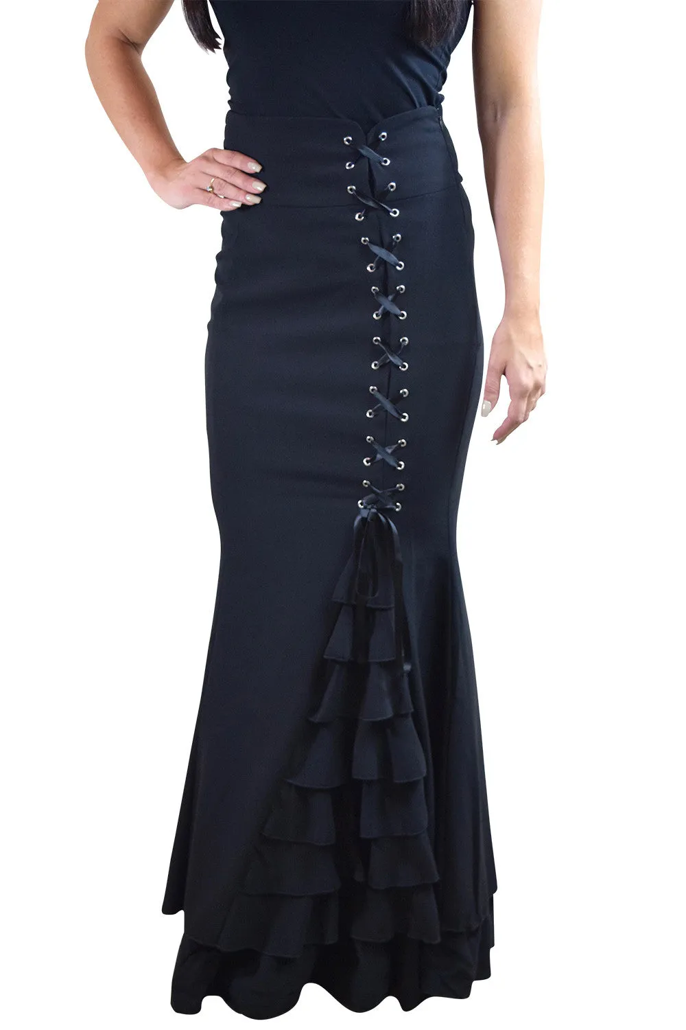Gothic Victorian Steampunk Mermaid Fishtail Black Ruffle Asymmetrical Skirt