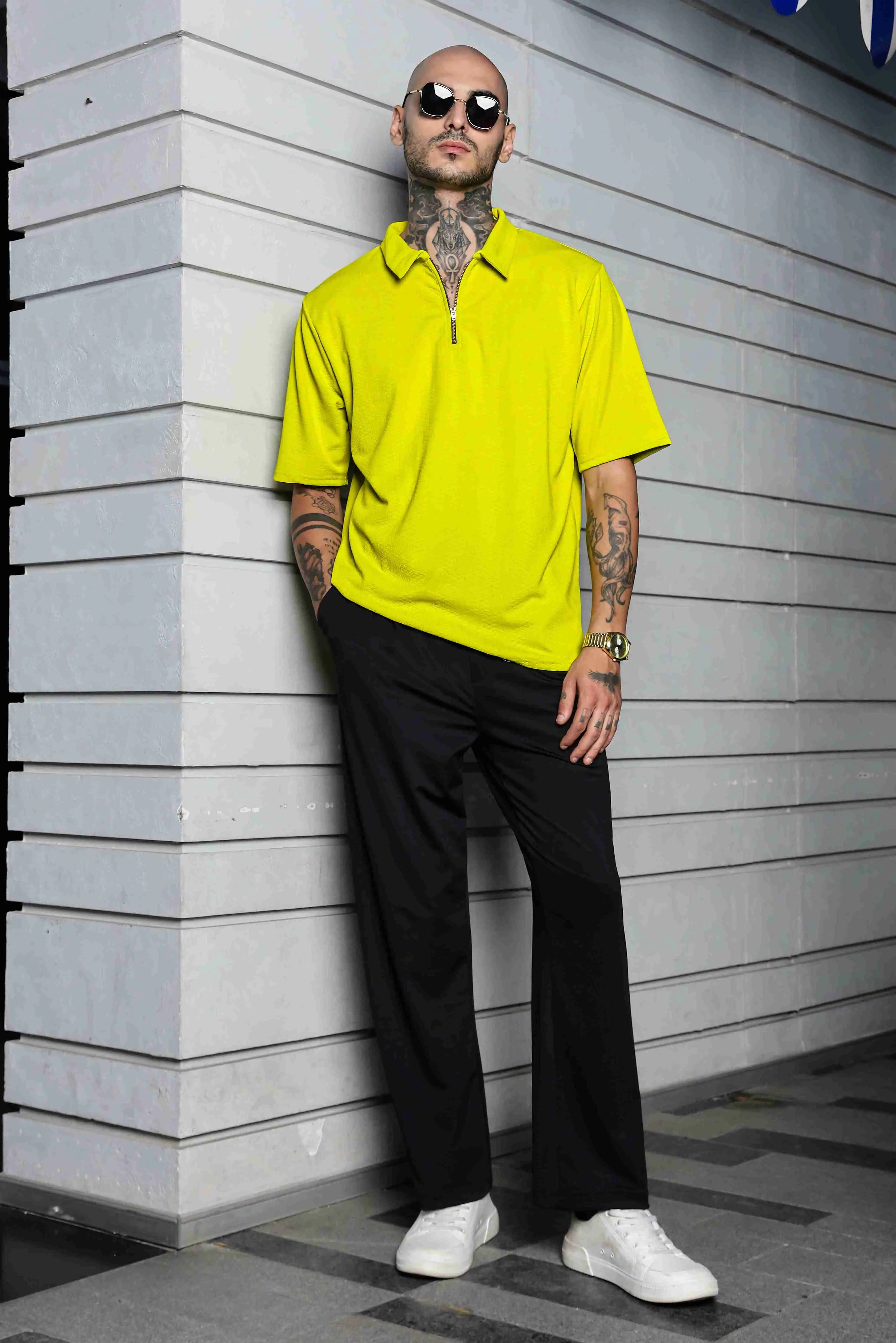 Unisex Lime Green Textured Polo Neck Oversized T-shirt